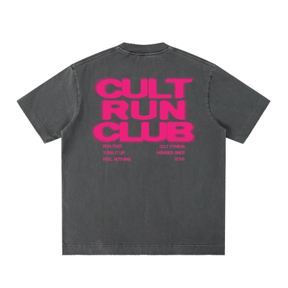 CULT RUN CLUB- Unisex, Heavyweight Vintage Washed Frayed T-Shirt